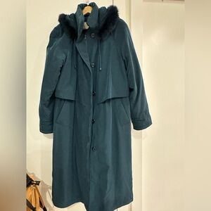 Chic Teal Trench Coat with Fur Collar